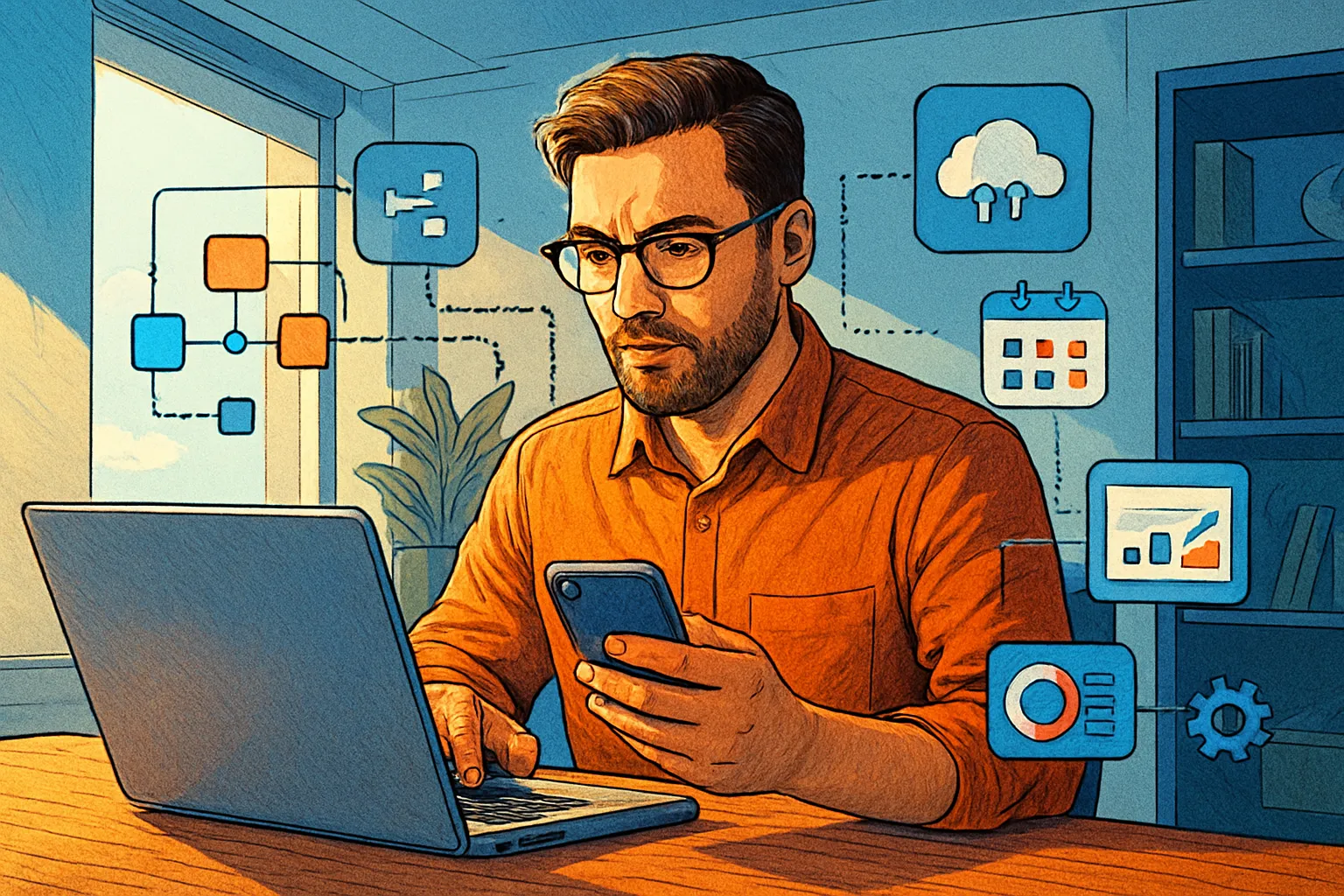 Ilustración de automatización ligera para ganar eficiencia en pequeñas empresas y equipos ágiles.