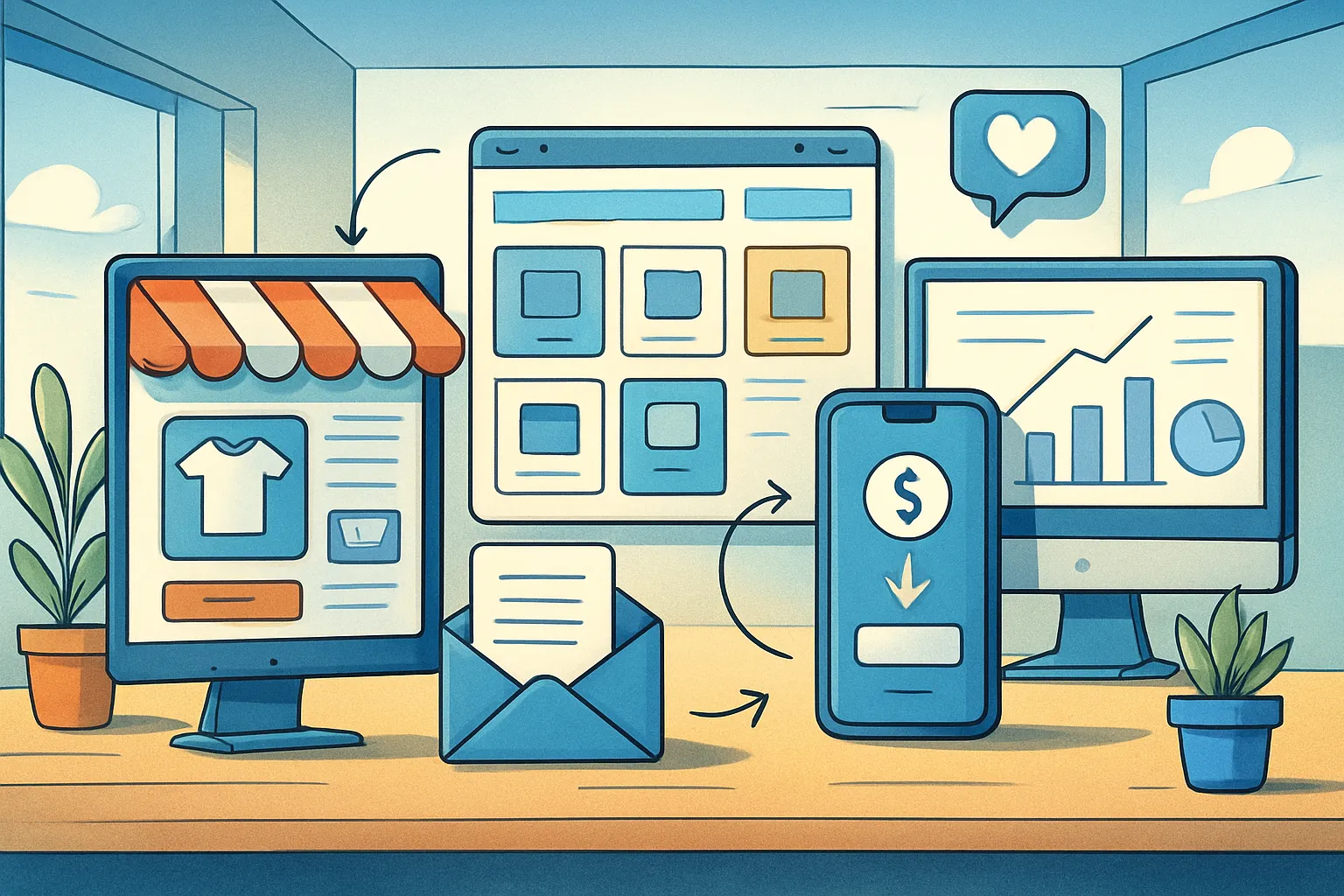 Ilustración de canales de venta digitales con potencial para impulsar resultados en pymes y negocios online.