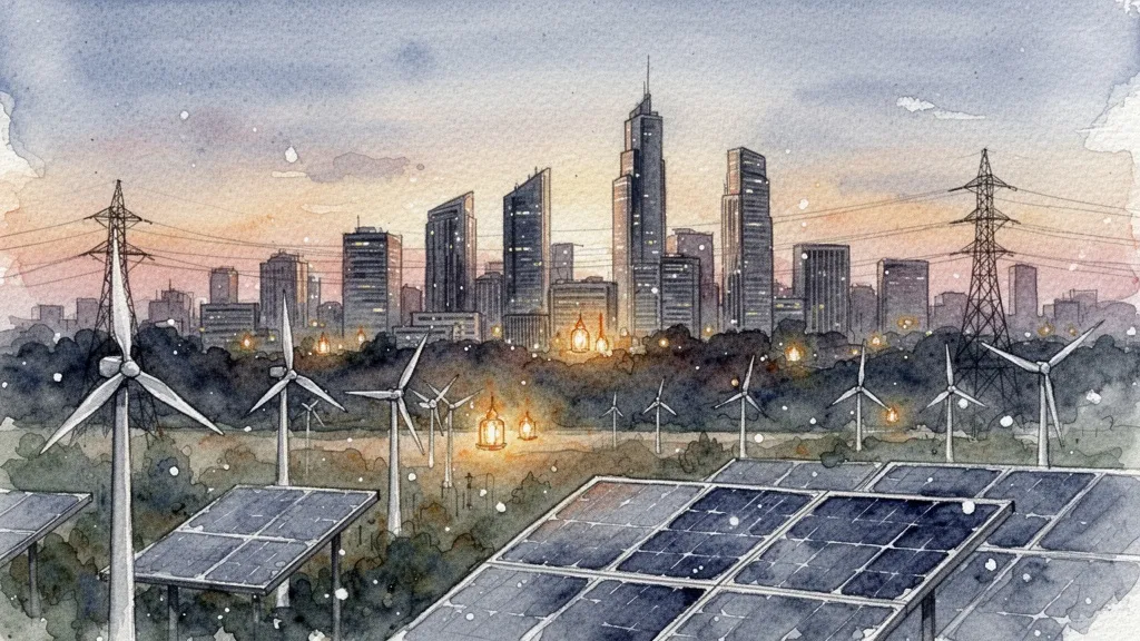 Watercolor painting of city skyline with renewable energy and power grid