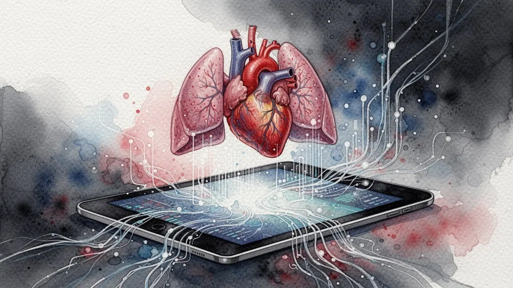 Acuarela conceptual de corazón y pulmones sobre tablet digital con datos abstractos, prevención de enfermedades crónicas con salud digital.