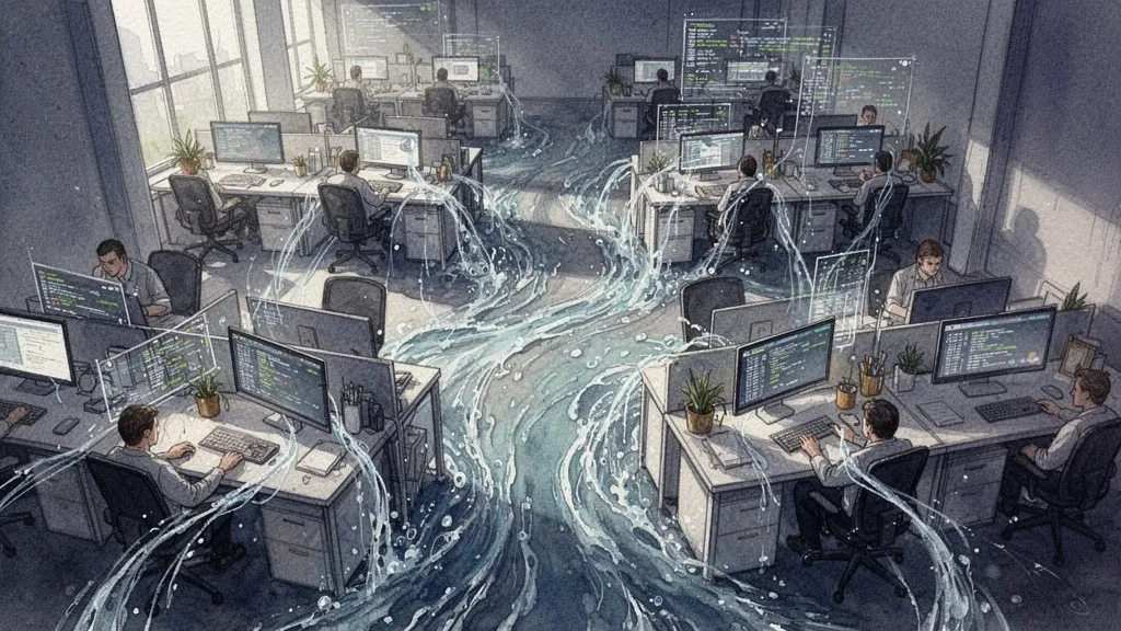 Vista aérea de oficina con flujos de datos representados como agua en acuarela