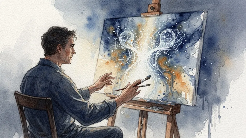 Artista seleccionando imágenes generadas por IA en acuarela tradicional texturada