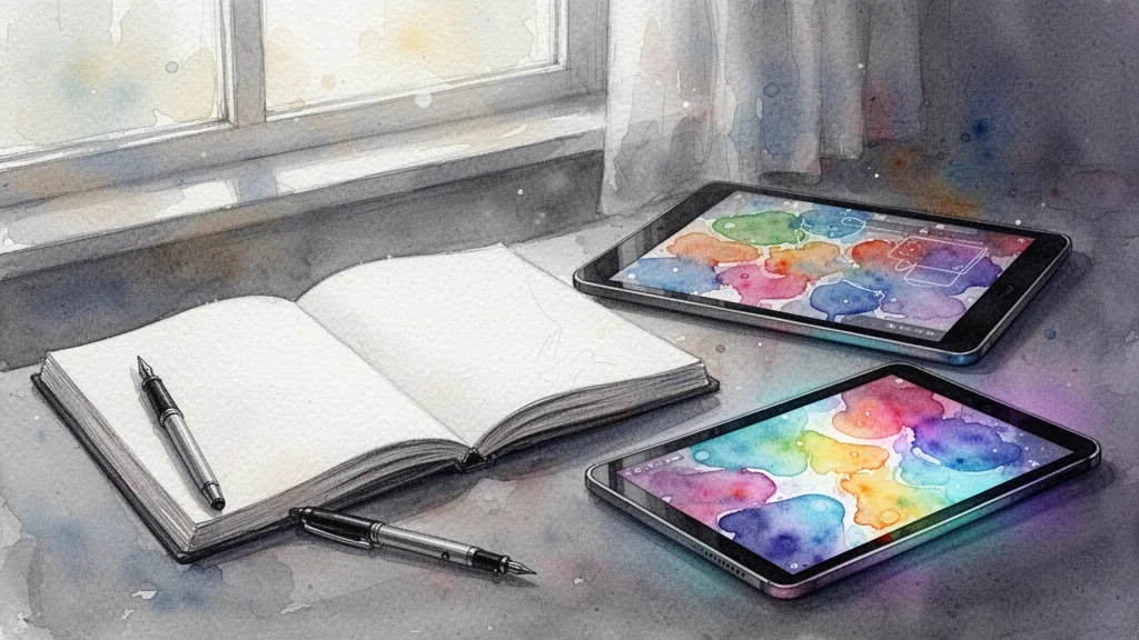 acuarela de cuaderno abierto junto a tableta digital con formas abstractas, fusión de arte tradicional y digital