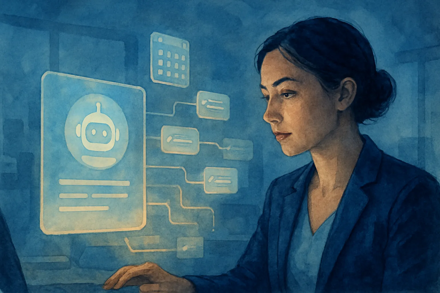 La automatización con IA impulsa la productividad y organiza flujos de trabajo en la oficina moderna.
