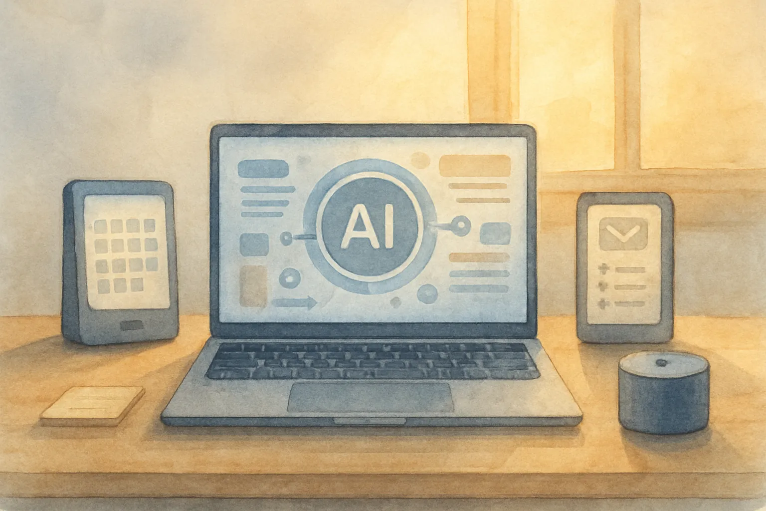 Asistentes de IA para tareas diarias en una oficina moderna, con foco en productividad y automatización.