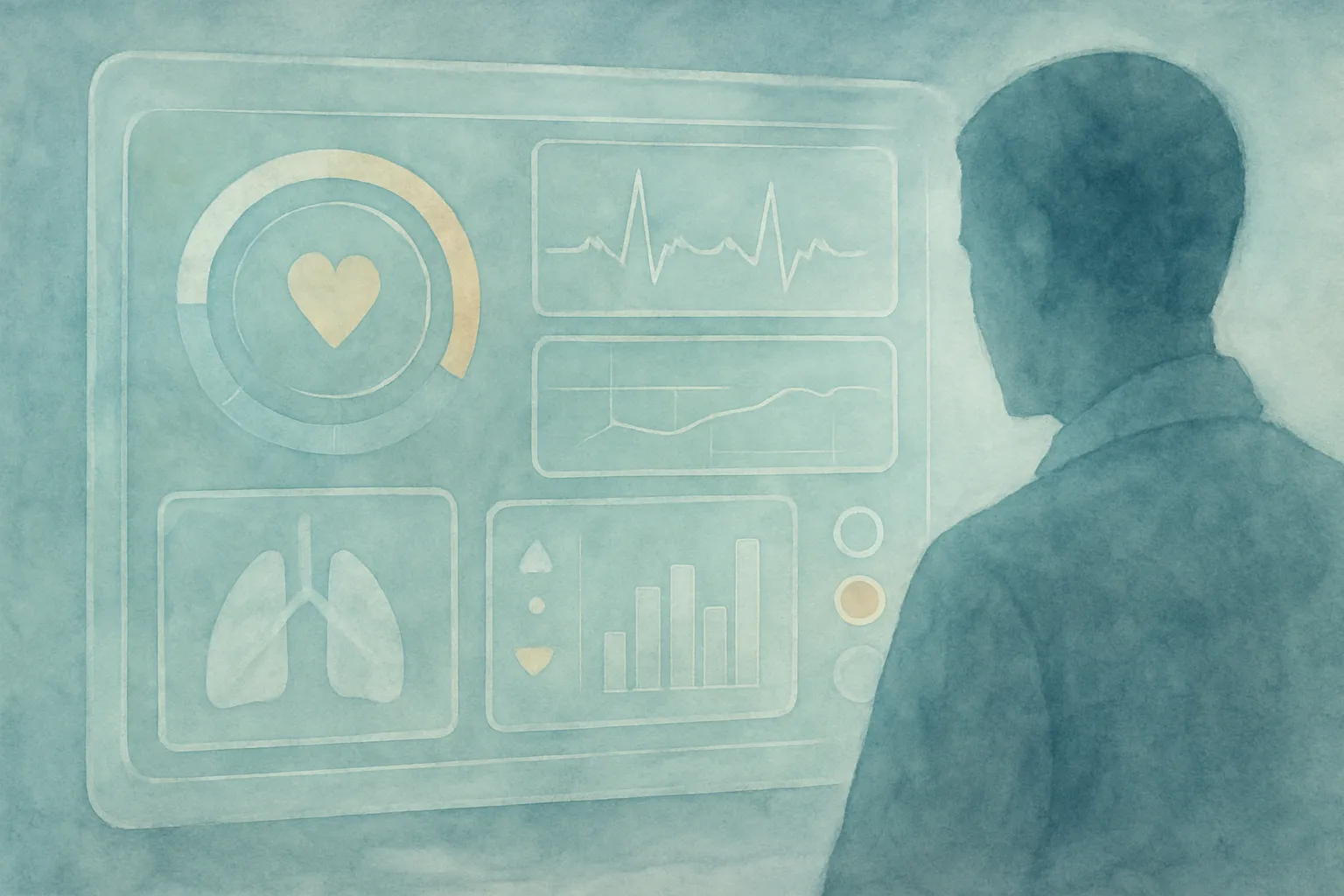 Ilustración de diagnóstico asistido en salud pública digital, con apoyo clínico y límites visibles.