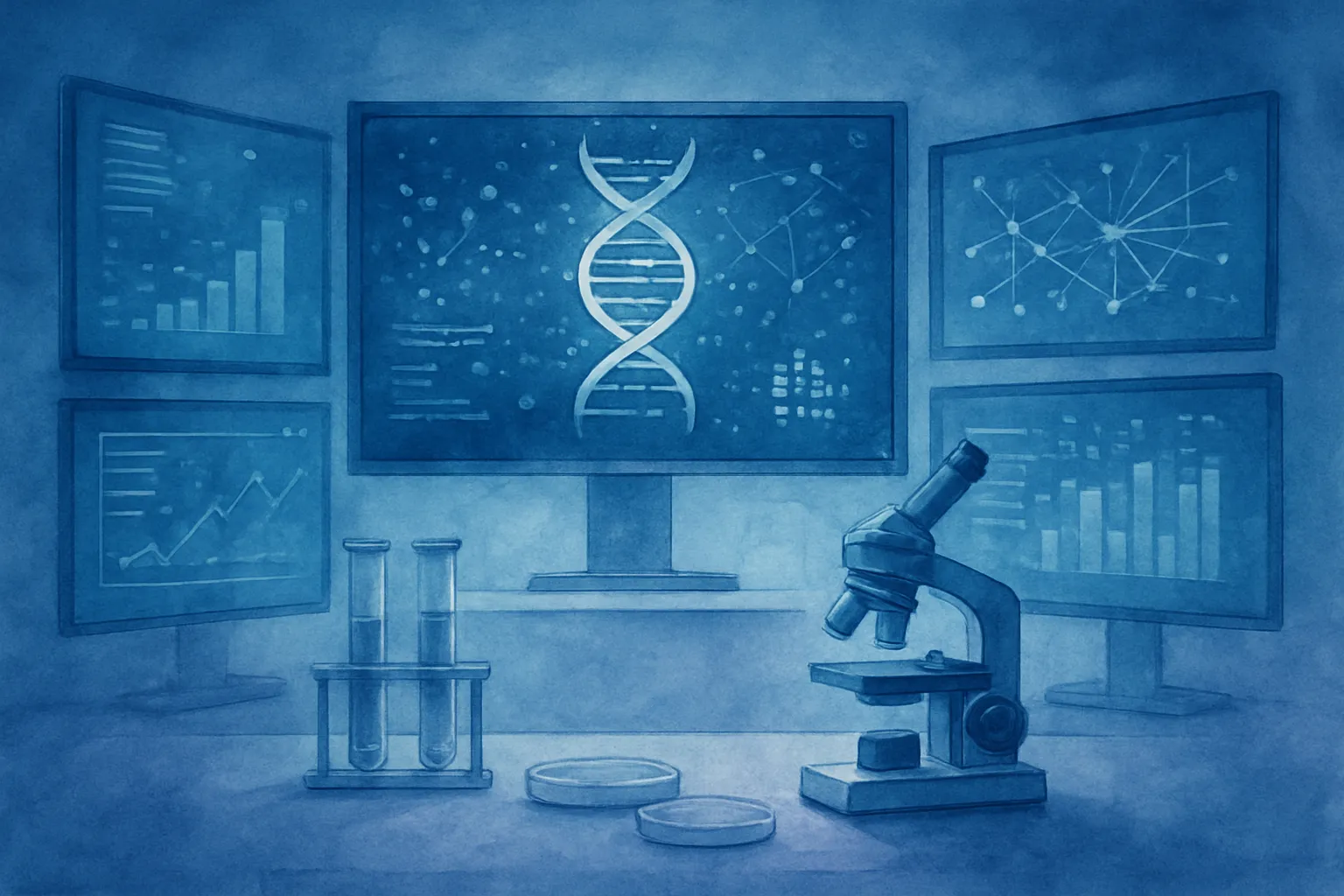 Apoyo visual a la investigación biomédica con análisis de datos y tecnología avanzada.