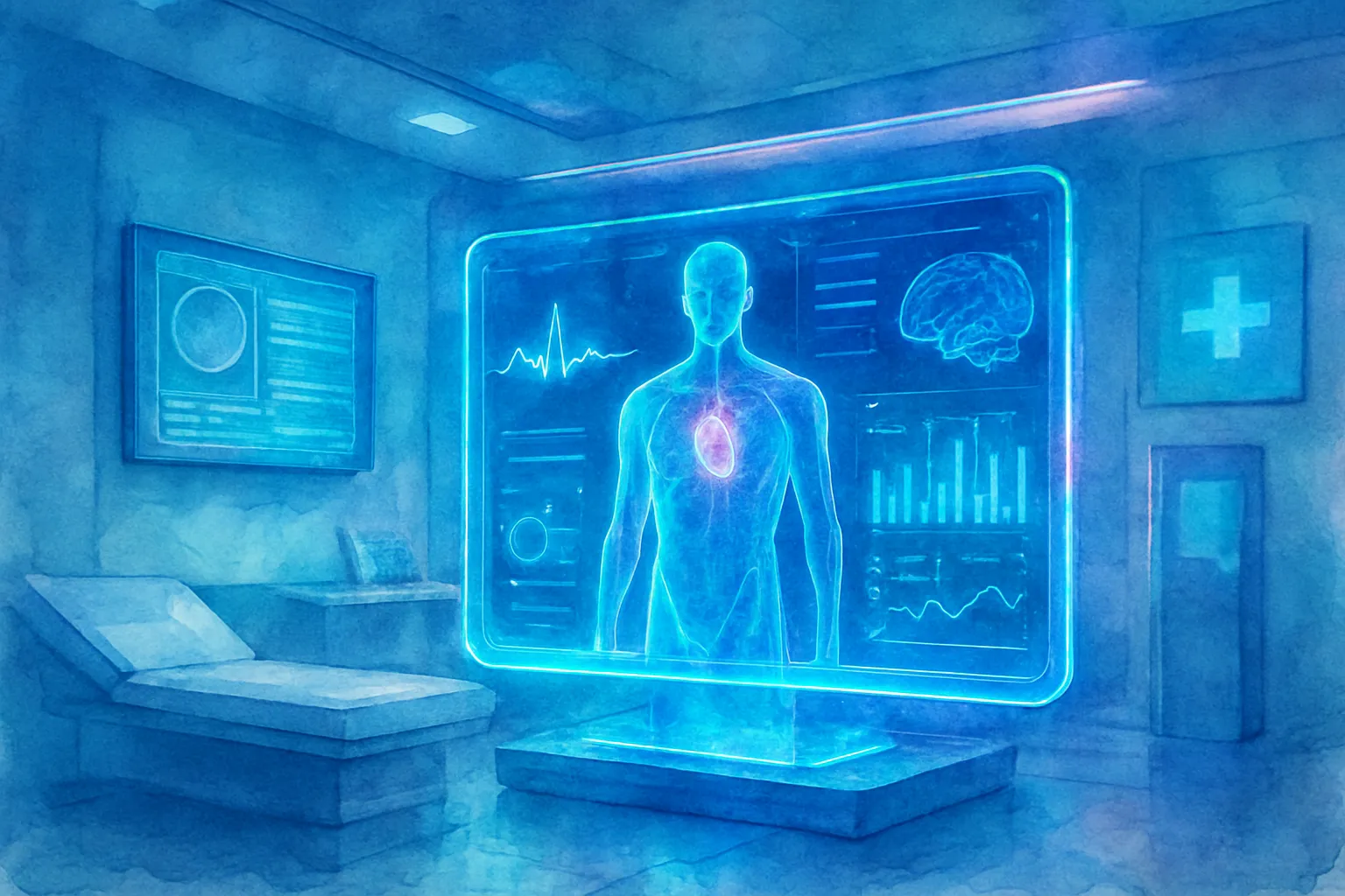 Visual de inteligencia artificial en salud y diagnóstico asistido en un entorno clínico moderno.