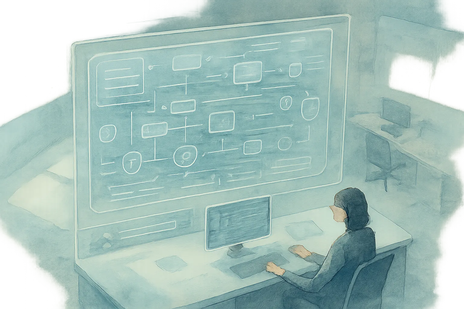 Un panel transparente muestra cómo la IA responsable combina supervisión, privacidad y control en decisiones sensibles.