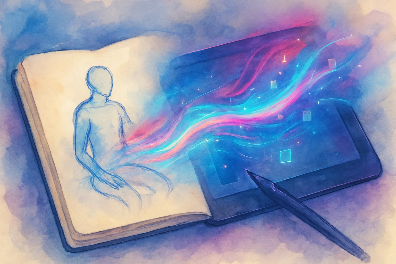 Un boceto en papel se abre paso hacia un flujo creativo asistido por tecnología y luz.