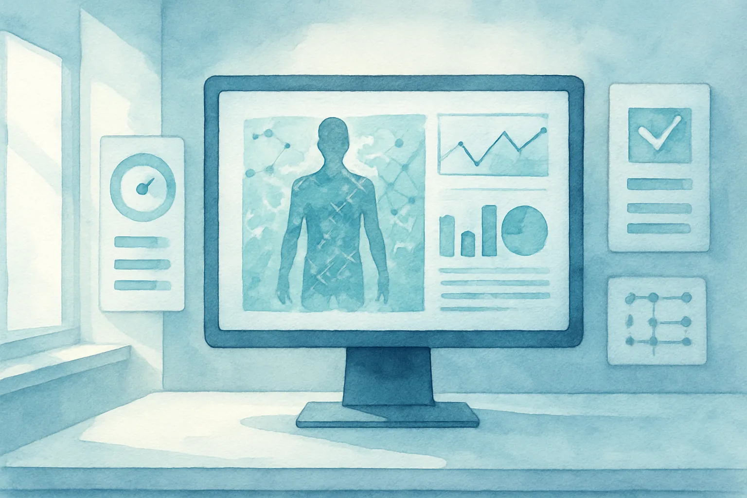 Sistema de diagnóstico automatizado en una consulta moderna, con datos clínicos y apoyo visual a la decisión médica.