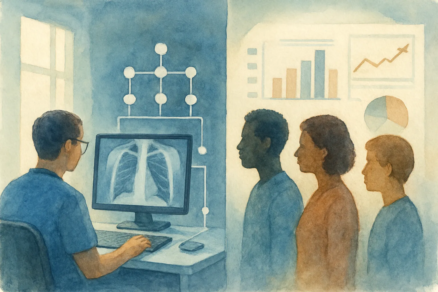 Un algoritmo médico y pacientes diversos ilustran el reto de la equidad en salud.