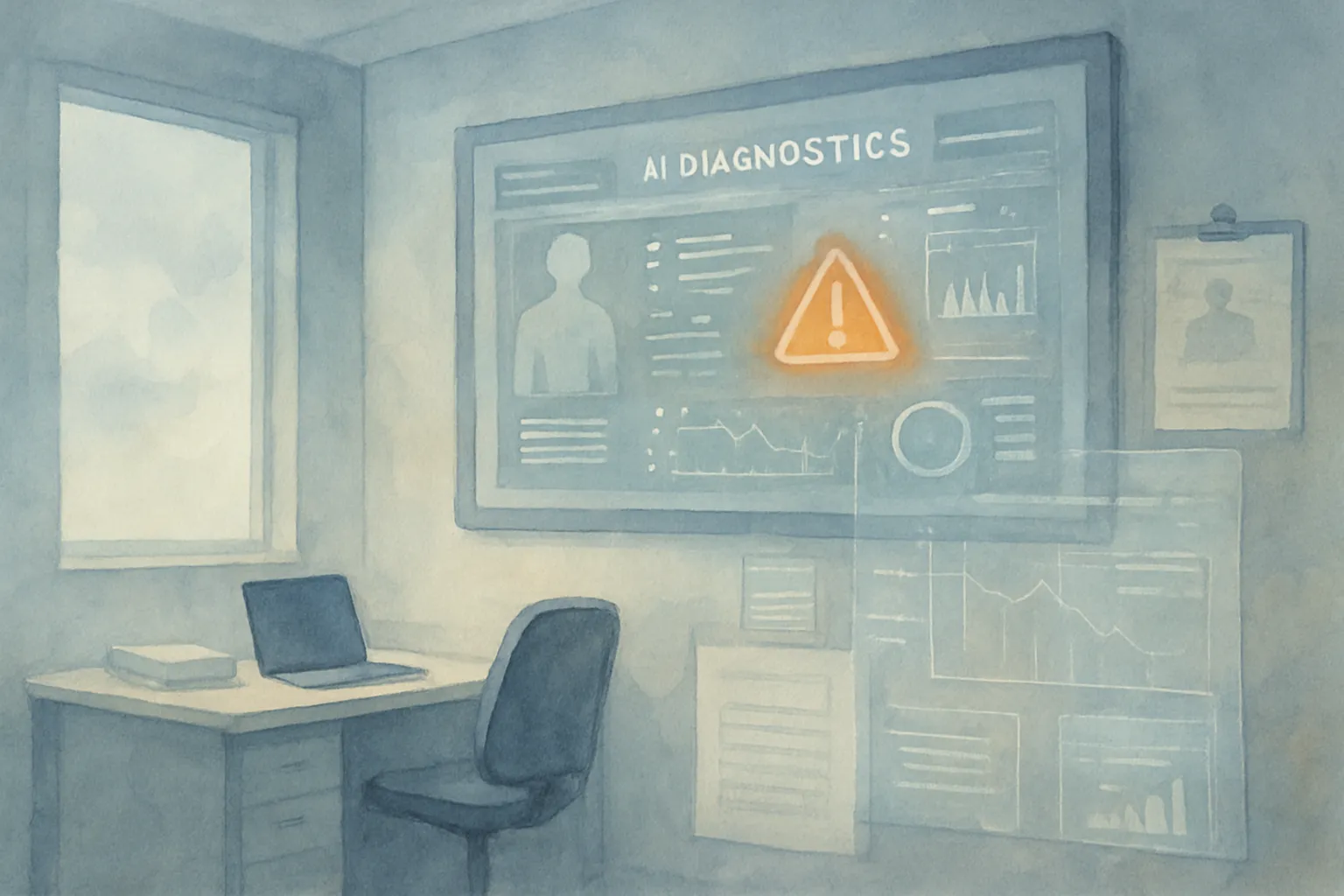 Una sala hospitalaria con paneles de IA y alertas de sesgo ilustra la necesidad de supervisión y transparencia.
