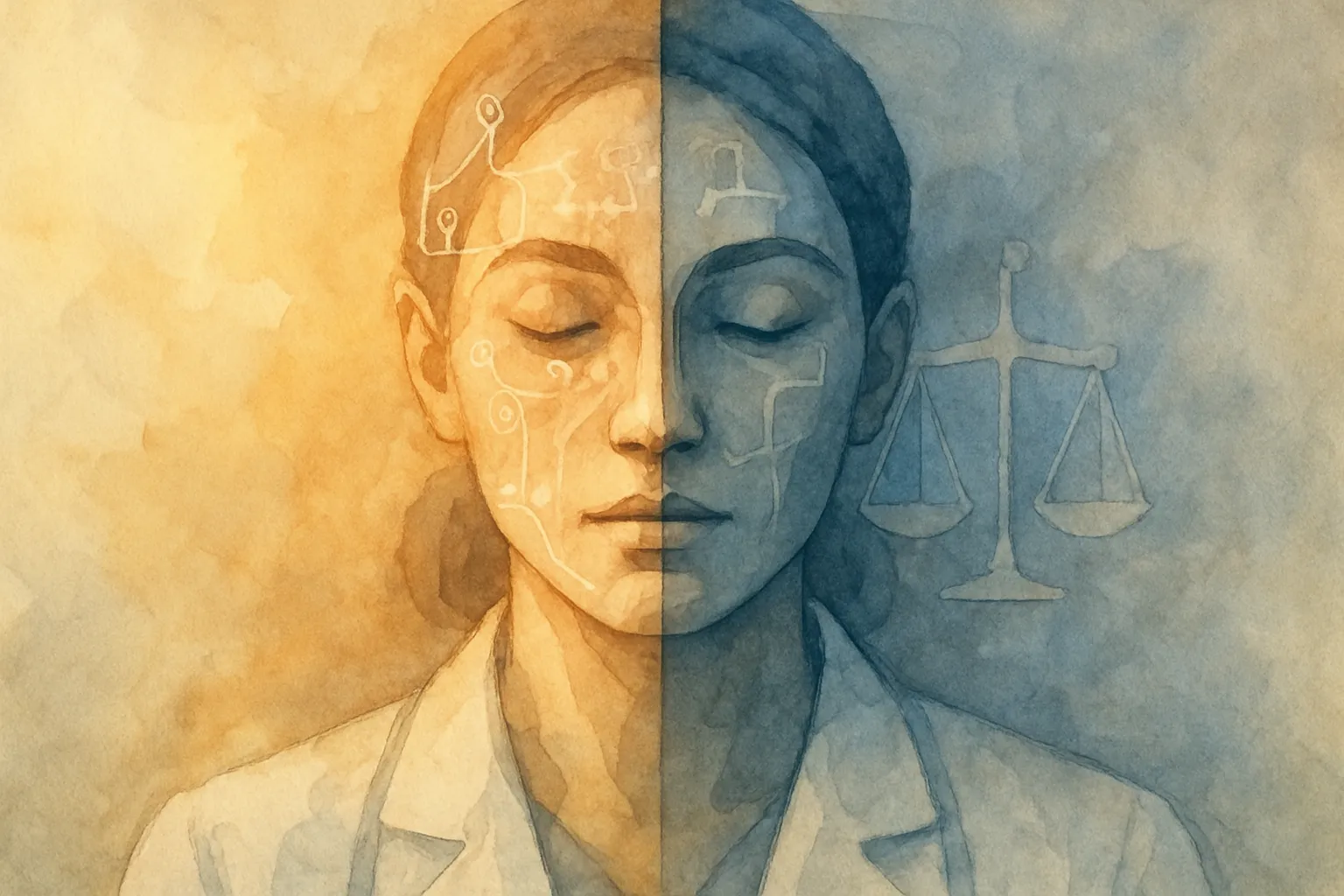 Un retrato en acuarela refleja el equilibrio entre innovación médica y justicia en la IA.