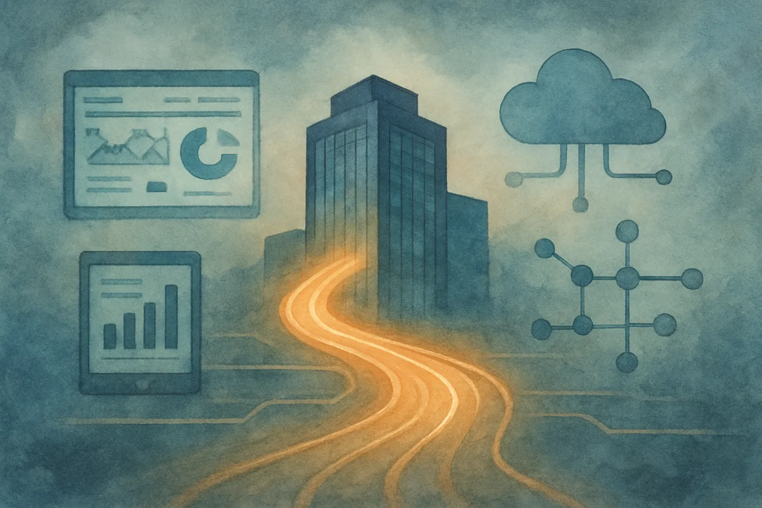 Un flujo digital conecta procesos, datos y decisiones en una empresa moderna.