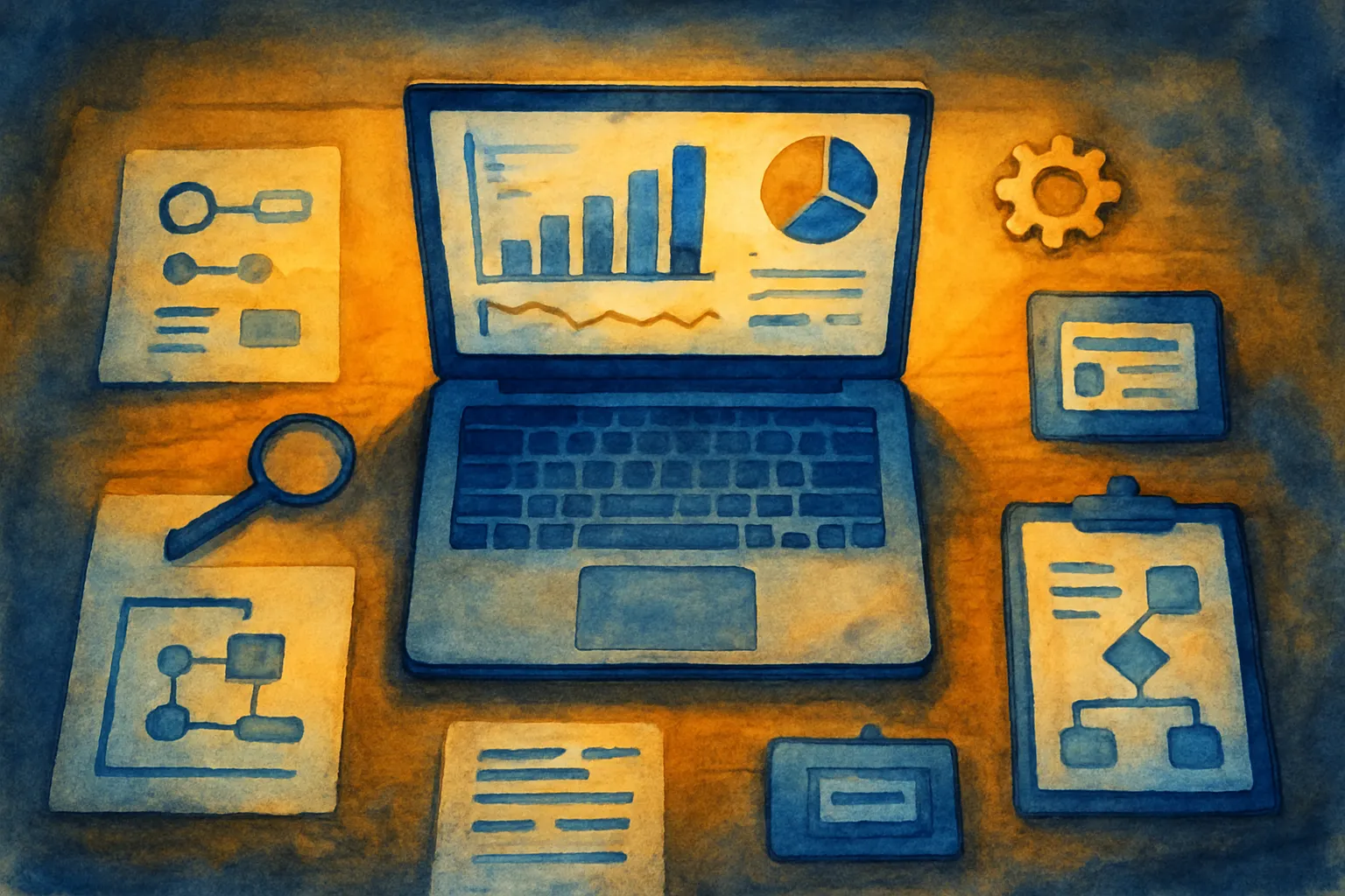 Mesa ejecutiva con datos y paneles visuales que reflejan la inteligencia artificial para negocios y decisiones.