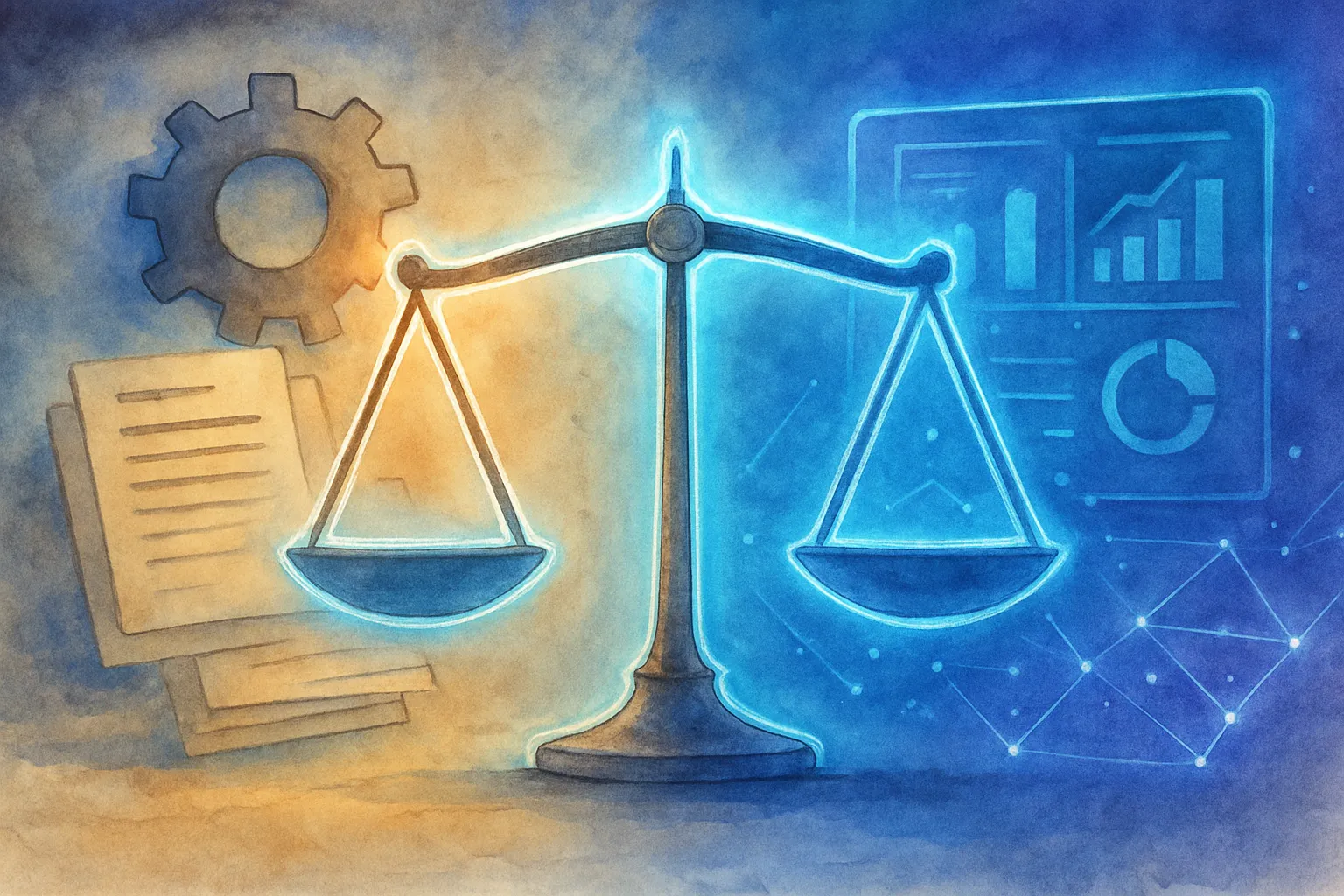 Balanza entre innovación y cautela en la adopción digital, con procesos empresariales en transición.