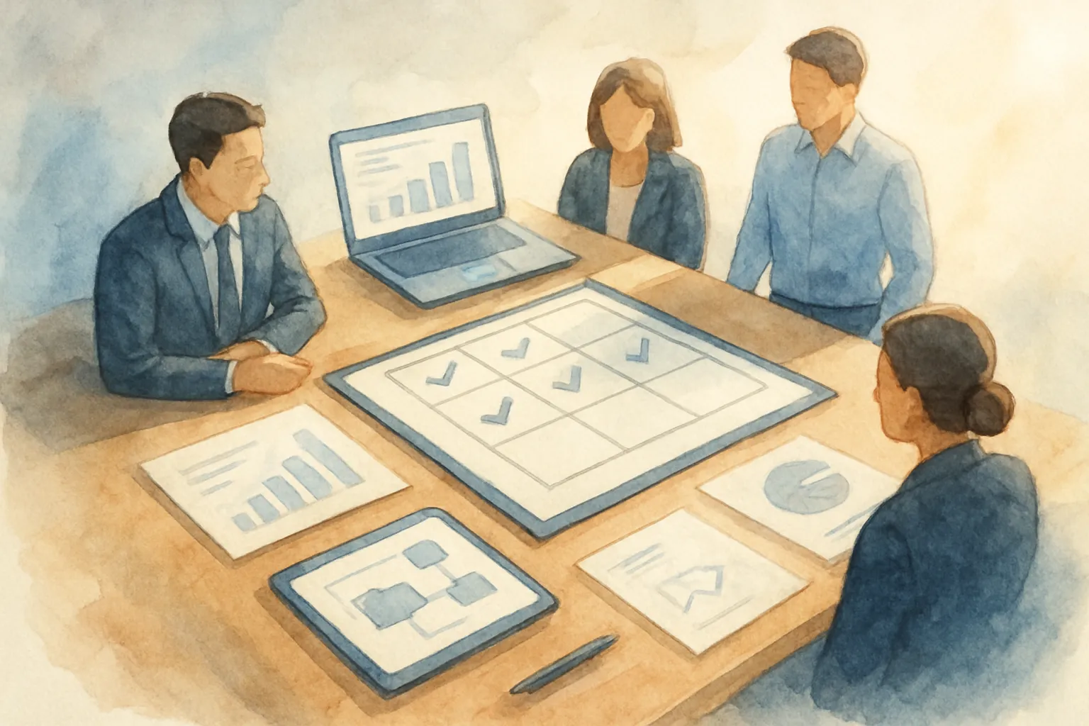 Mesa estratégica con equipo y tablero visual para avanzar con criterio en la transformación digital empresarial.