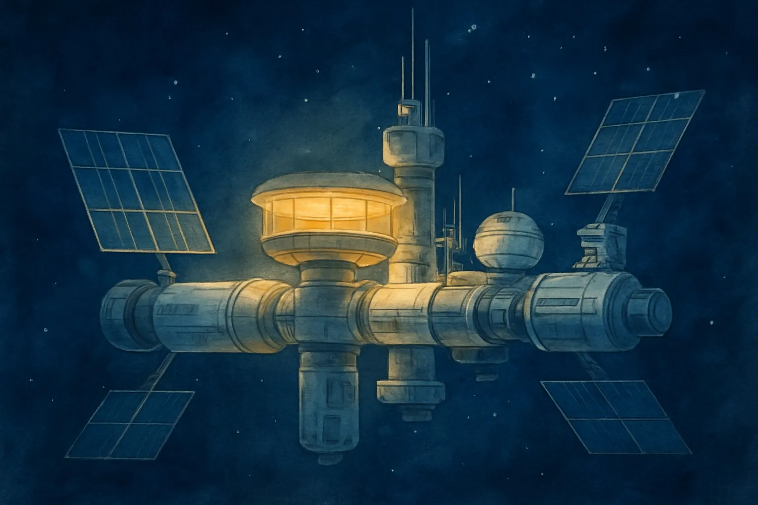 Una estación orbital ordenada simboliza un futuro espacial con reglas claras y cooperación internacional.