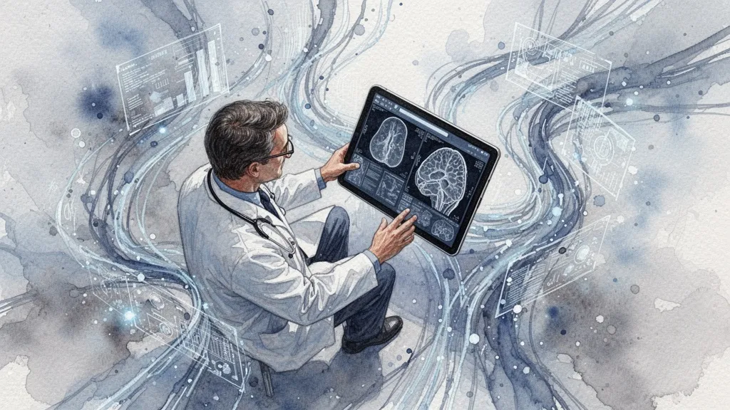 Médico revisando imágenes médicas analizadas por IA en una tableta, acuarela