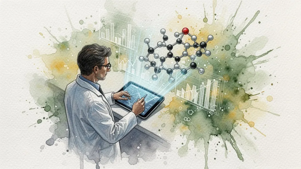 Científico analizando estructura molecular con ayuda de IA, acuarela