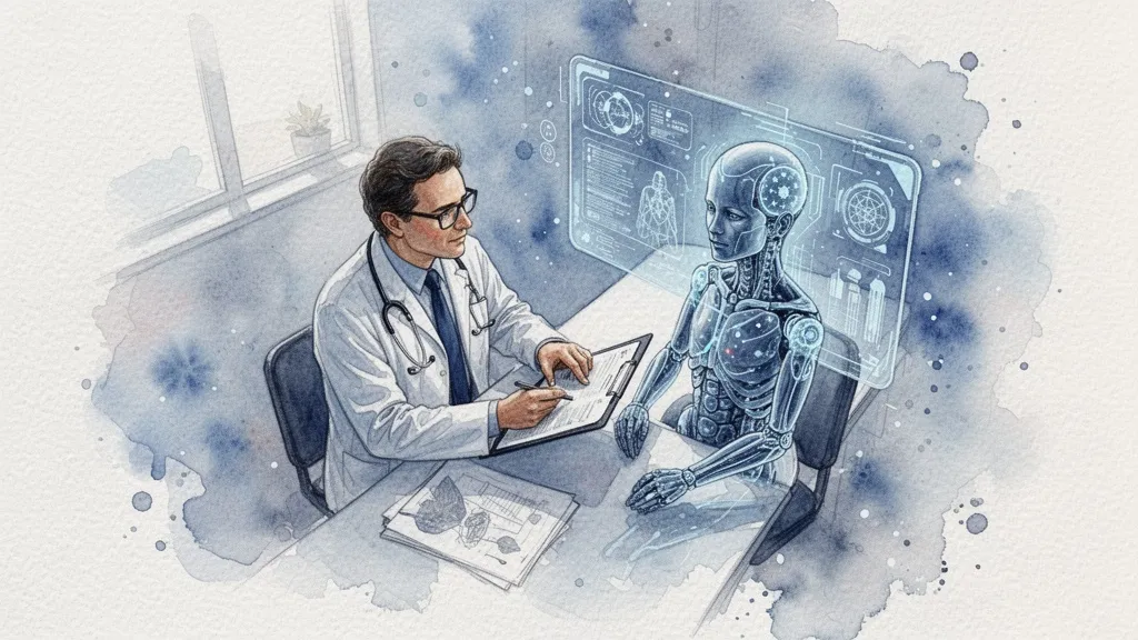 Médico colaborando con interfaz holográfica de IA en diagnóstico, acuarela