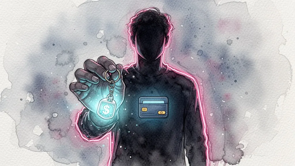 Acuarela de una persona sosteniendo un monedero digital luminoso, simbolizando identidad autogestionada