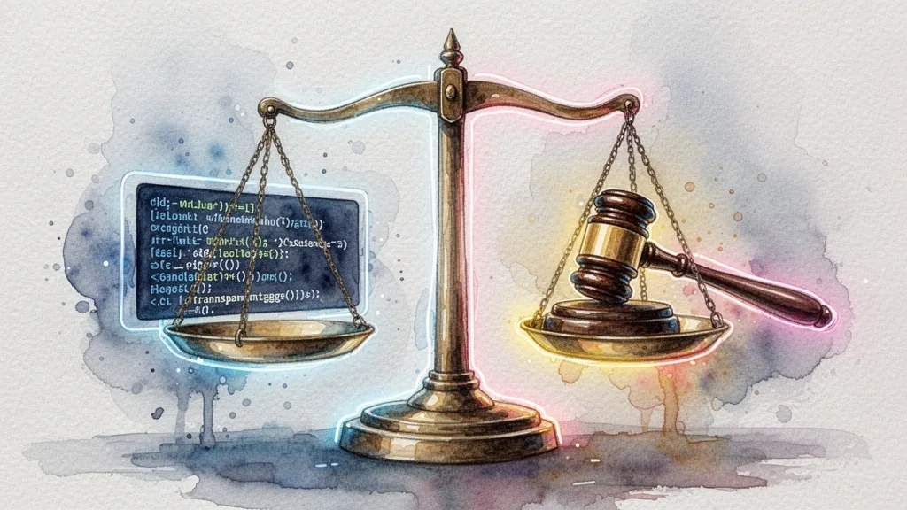 Acuarela de una balanza con código digital y un mazo de juez, simbolizando el reto regulatorio