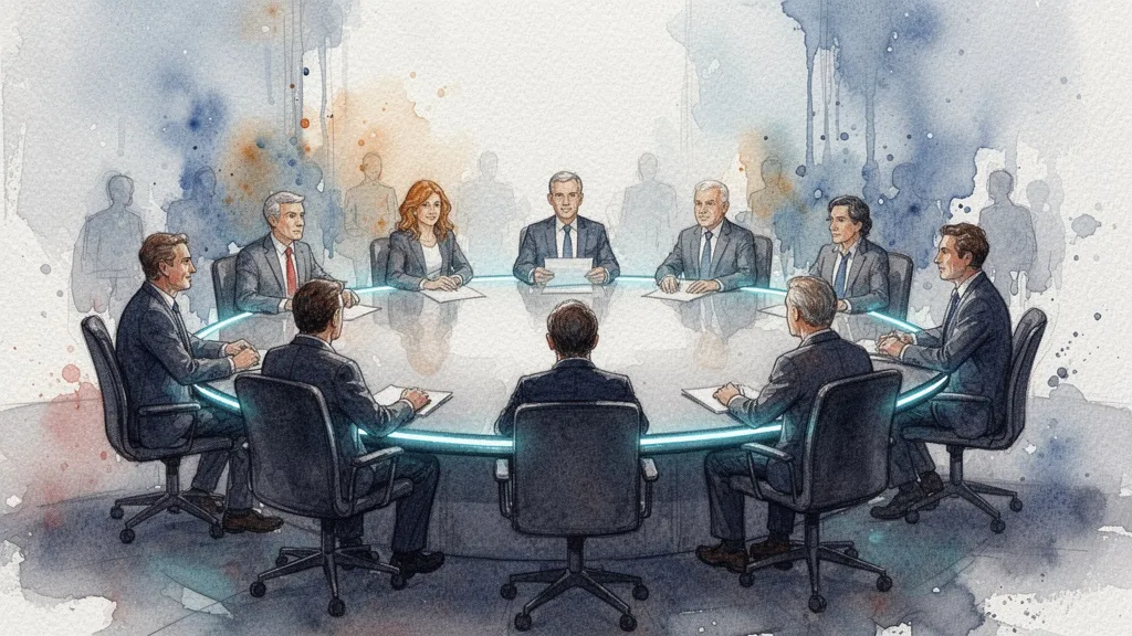 Acuarela de una mesa redonda con figuras abstractas, simbolizando gobernanza colaborativa