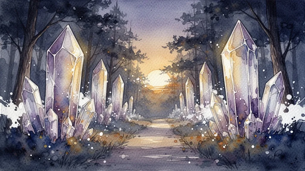 Bosque con árboles de cristal al atardecer en acuarela texturada
