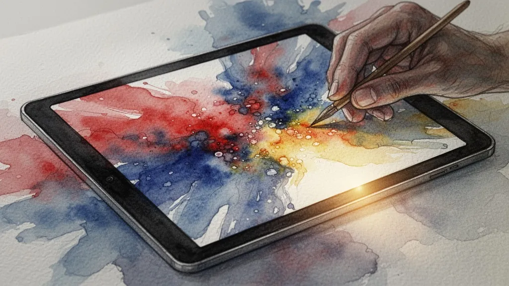 Tableta digital con trazos abstractos generados por IA en acuarela