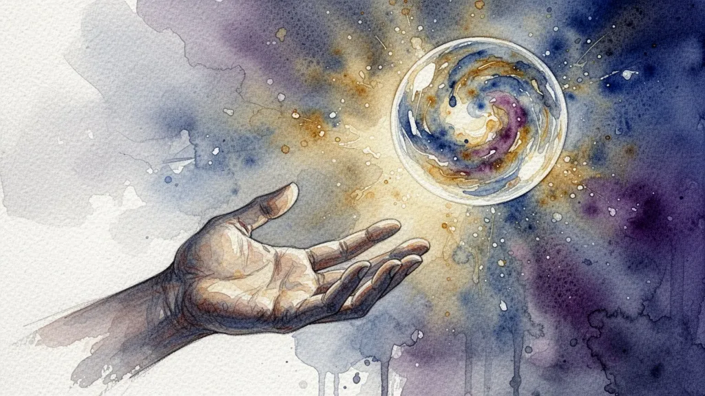 Mano abierta hacia un orbe luminoso de posibilidades creativas en acuarela