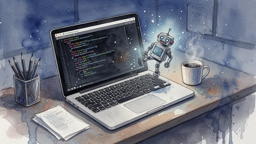 Ilustración de un escritorio con ordenador y un robot emergiendo del código escrito con GitHub Copilot