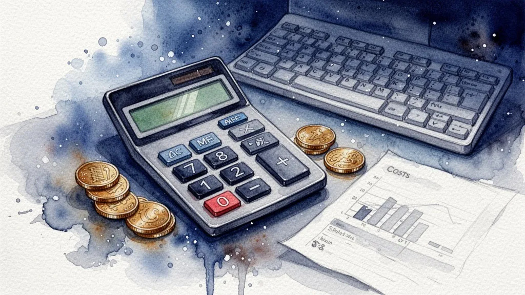 Ilustración de una calculadora rodeada de monedas sobre un teclado