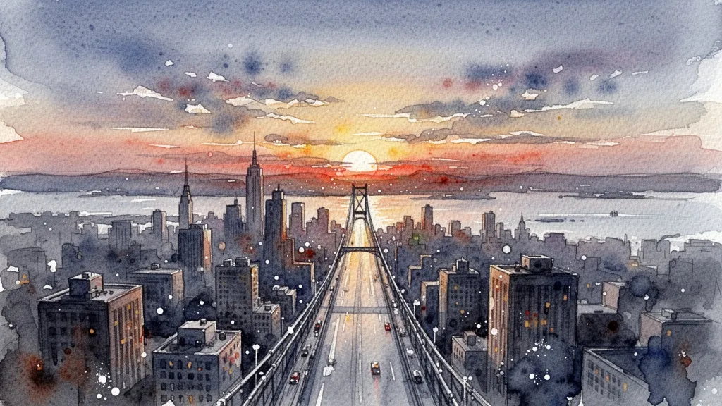 Ilustración de un paisaje urbano al atardecer con un puente hacia el horizonte
