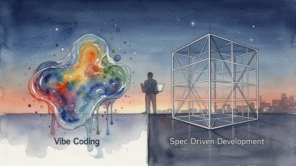 Representación abstracta en acuarela de Vibe Coding vs Spec Driven Development