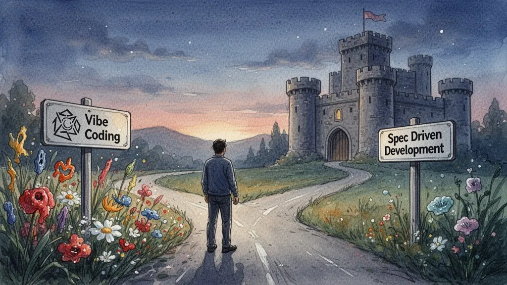 A developer choosing between Vibe Coding and Spec Driven Development at a crossroads