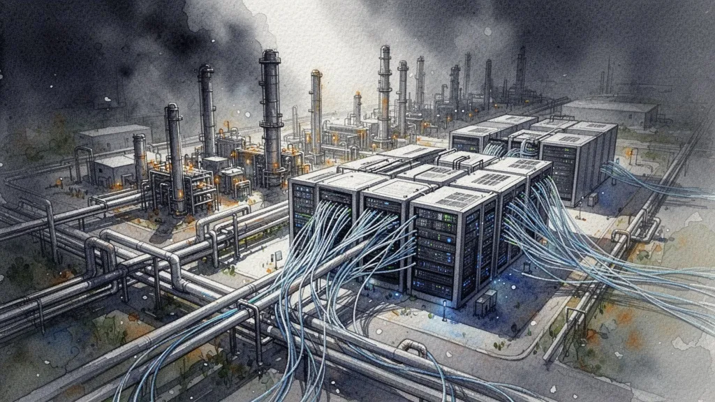 Refinería de petróleo transformándose en centro de datos para empresas en acuarela