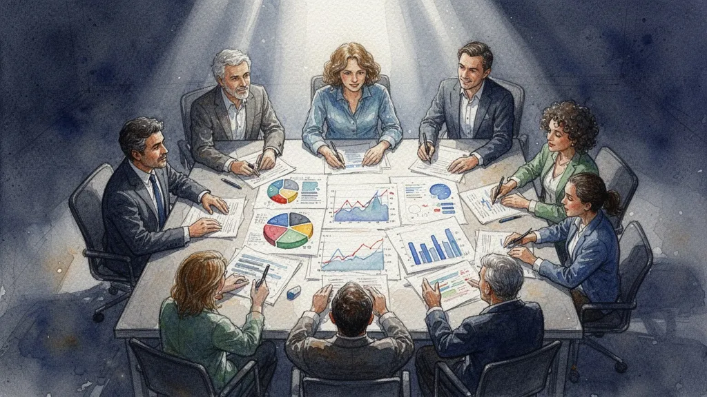 Equipo reunido analizando datos en acuarela con luz cenital