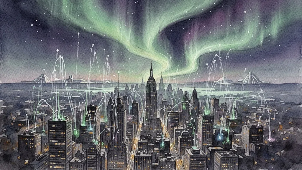 Horizonte futurista con auroras de datos en acuarela