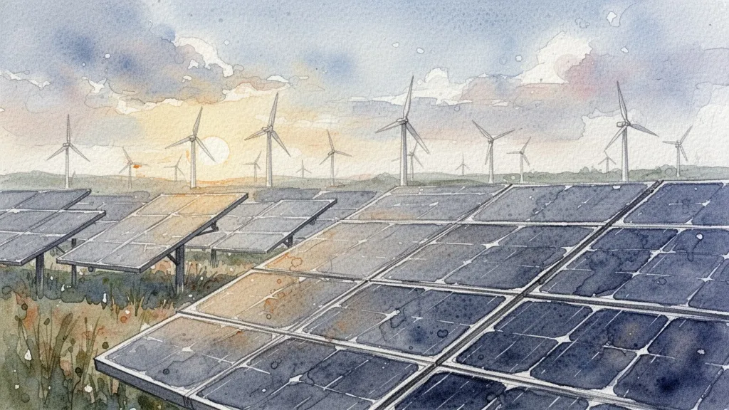 Watercolor landscape of solar panels and wind turbines in a field