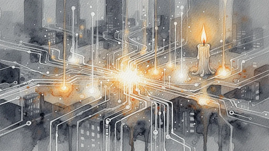 Watercolor abstract of digital data flowing over an urban grid