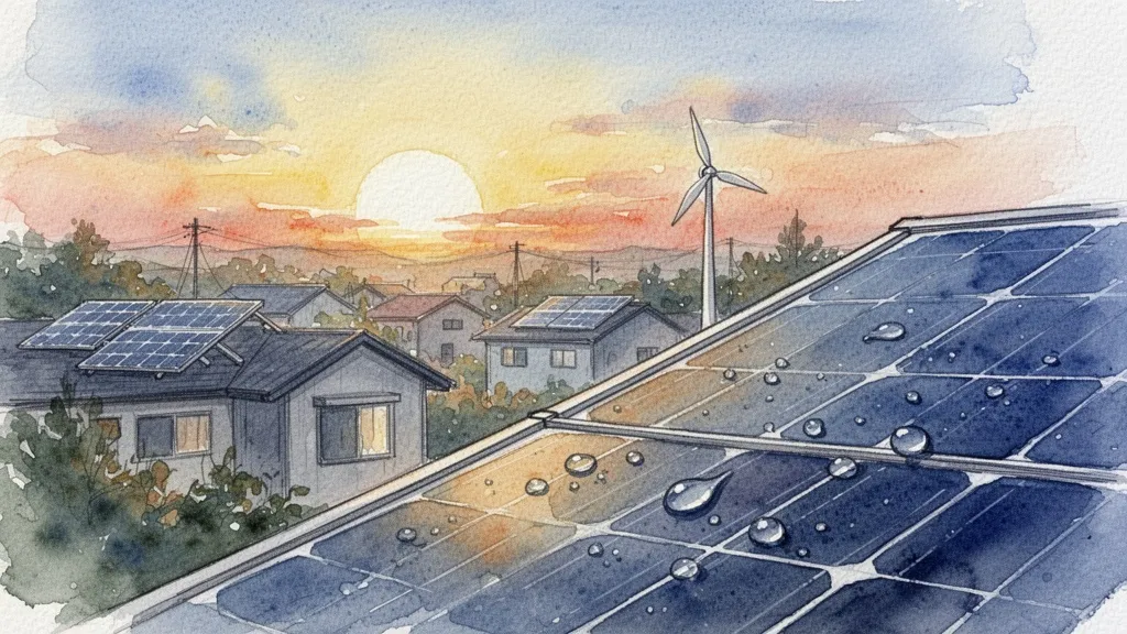 Watercolor sunrise over a neighborhood with solar panels and wind turbine