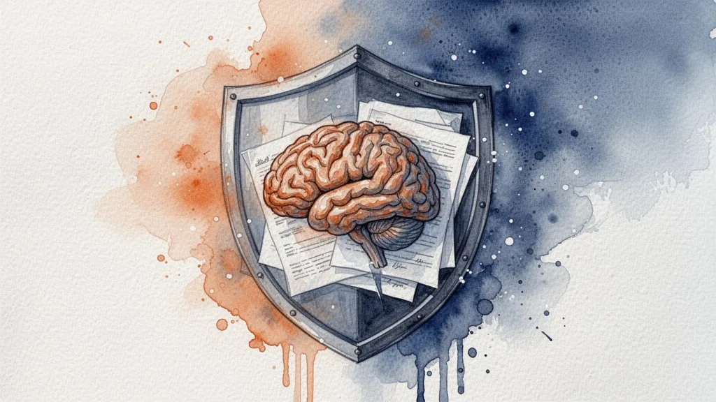 Acuarela abstracta de escudo y cerebro protegiendo documentos legales