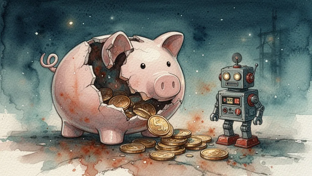 Broken piggy bank with spilled coins beside a robot, representing unexpected AI costs