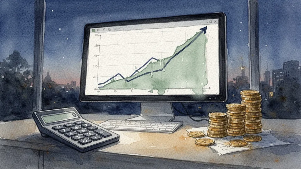 Desk with computer screen showing cost graph and calculator, watercolor style