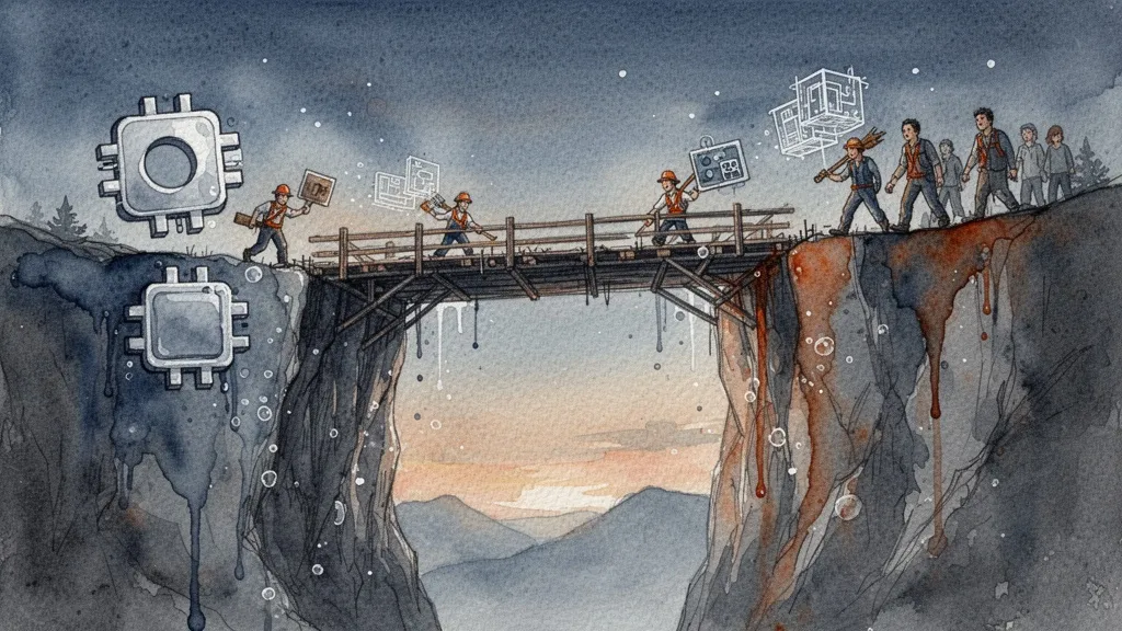 Watercolor bridge between AI chip and people, symbolizing balanced integration