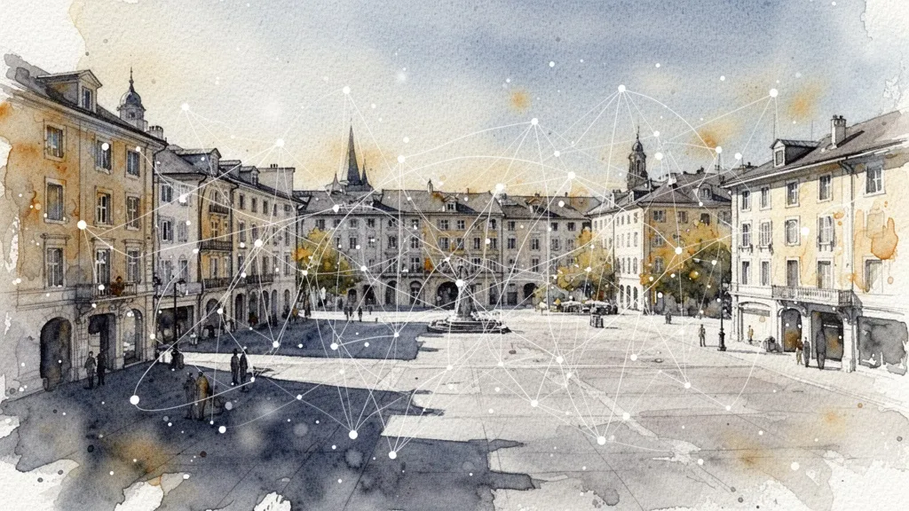 Acuarela de plaza urbana con redes de datos invisibles, simbolizando la vigilancia tecnológica omnipresente.