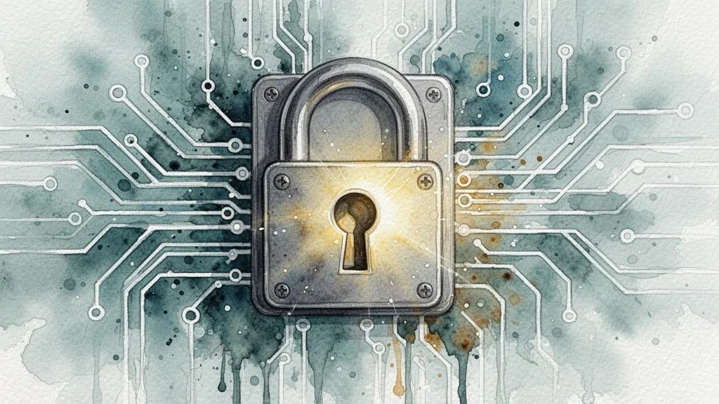 Acuarela de un candado digital en un flujo de datos, representando la seguridad de datos en la vigilancia.