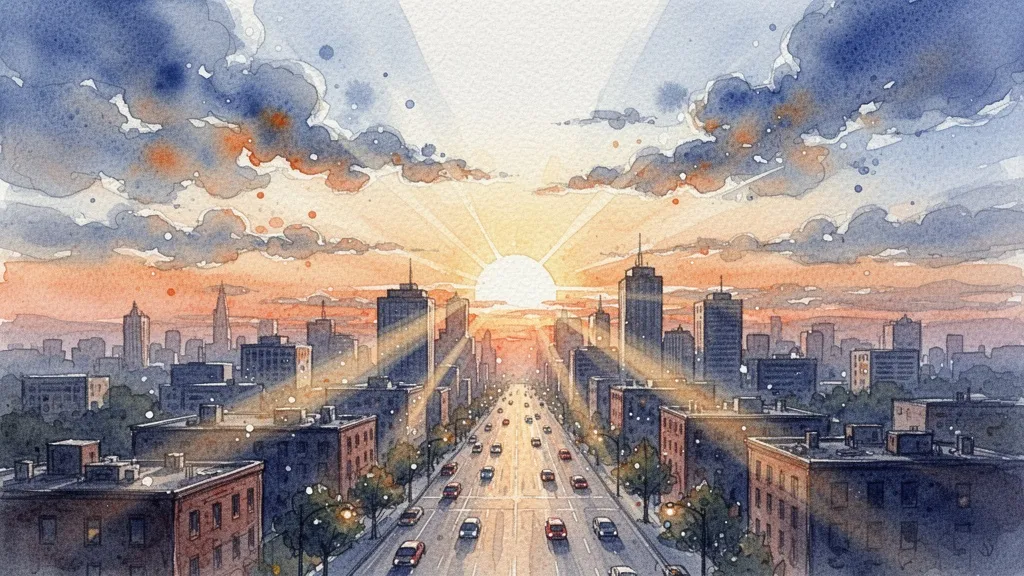 Acuarela de amanecer urbano con rayos de luz, simbolizando un futuro equilibrado entre vigilancia y ética.